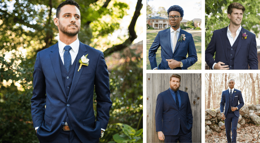 Real wedding photos and photoshoots of men in navy blue suits